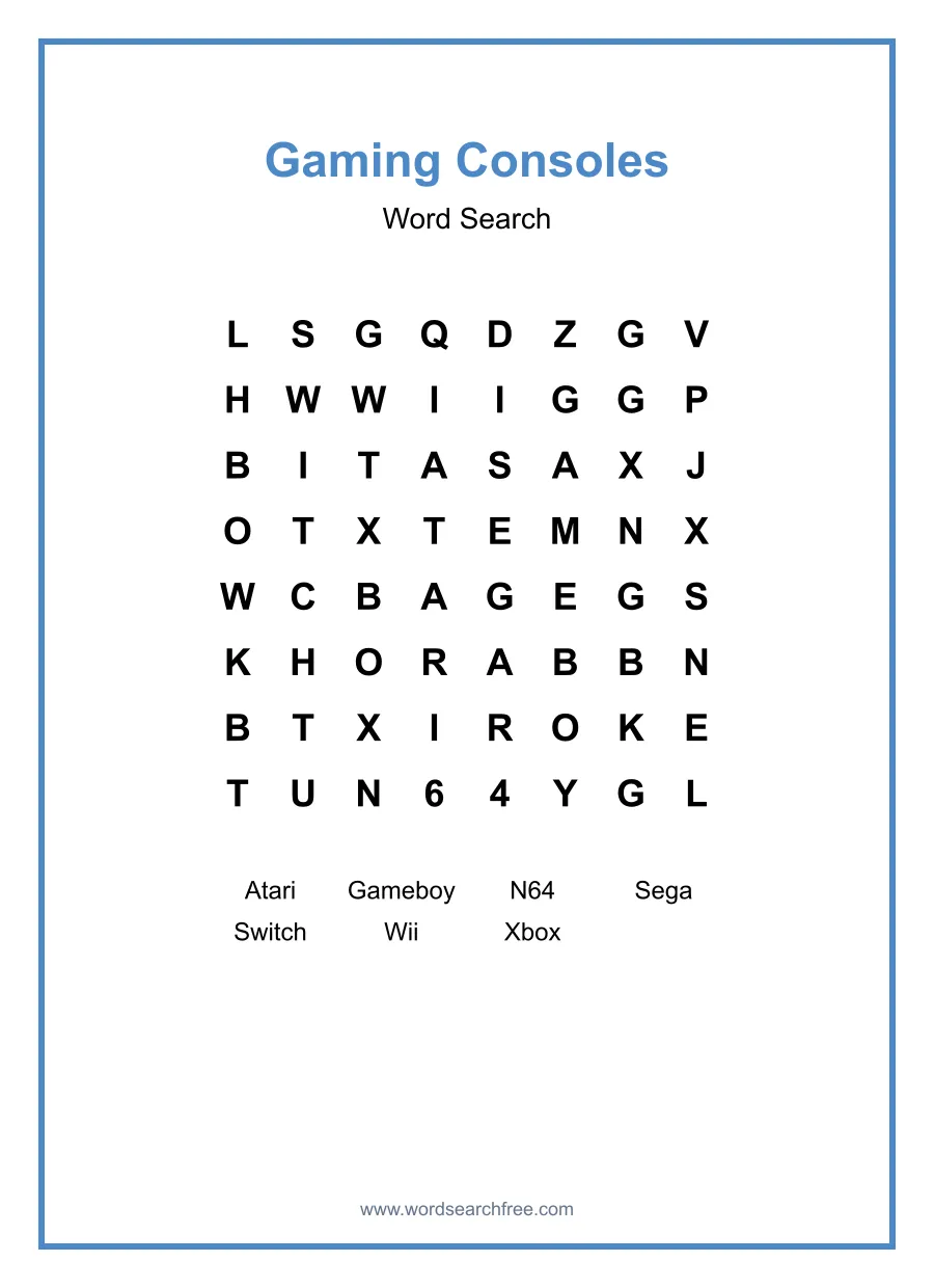 Gaming Consoles Word Search - Free printable puzzle with 7 words