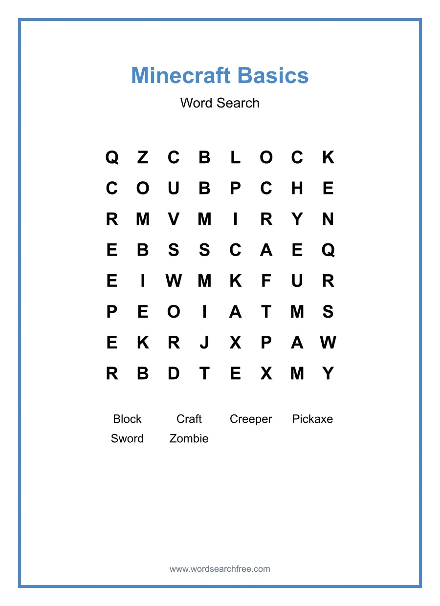 Minecraft Basics Word Search - Free printable puzzle with 6 words