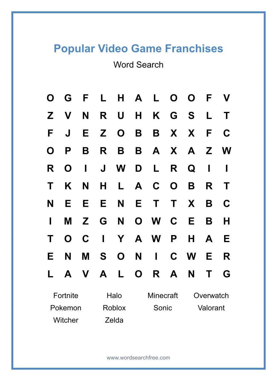Popular Video Game Franchises Word Search - Free printable puzzle with 10 words
