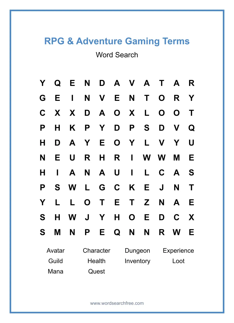 RPG & Adventure Gaming Terms Word Search - Free printable puzzle with 10 words