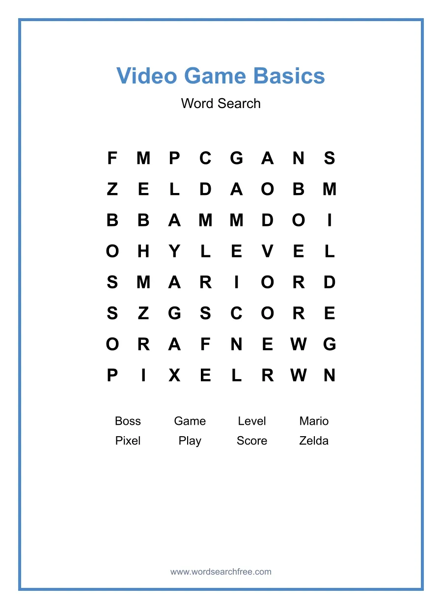 Video Game Basics Word Search - Free printable puzzle with 8 words