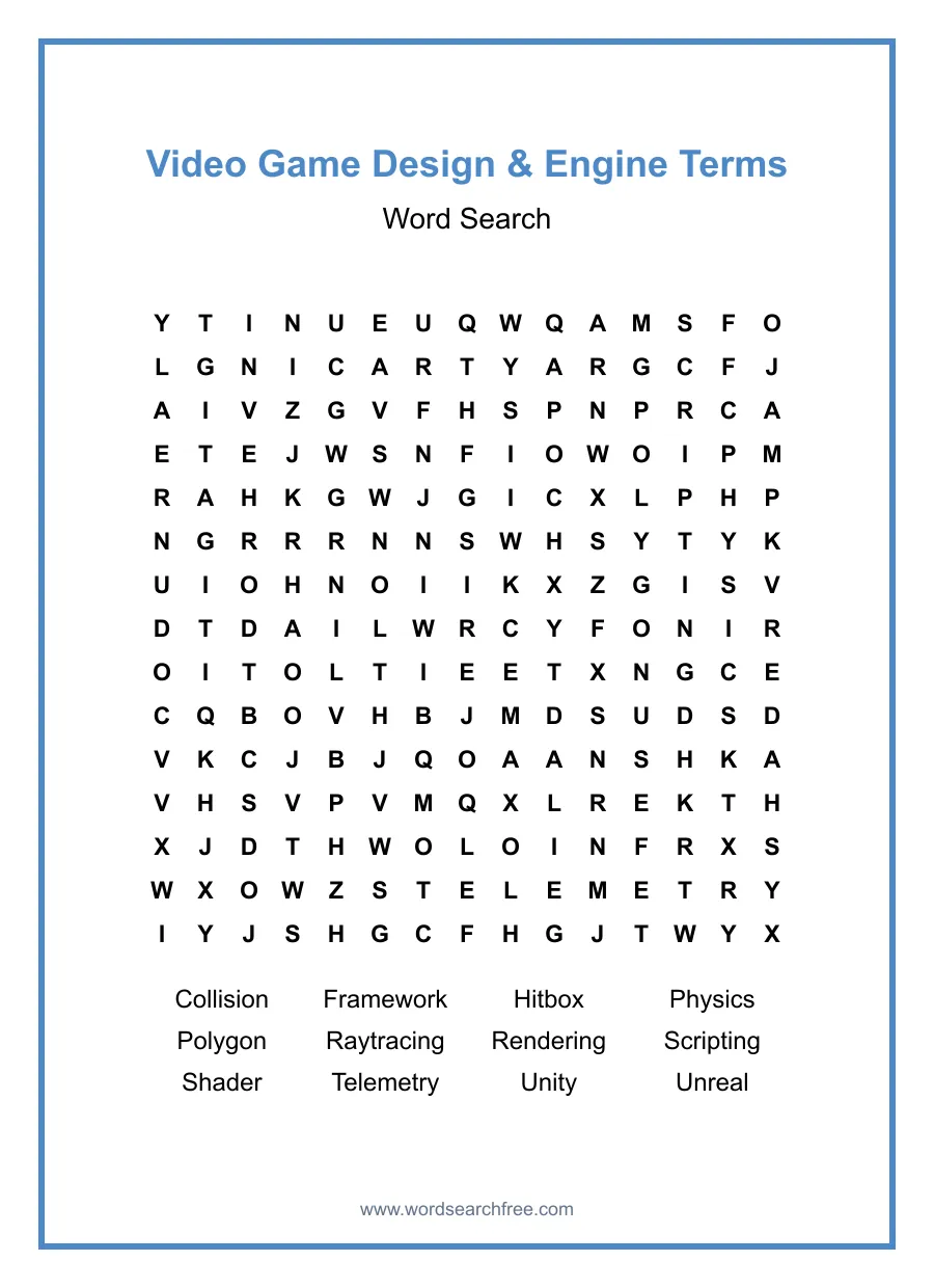 Video Game Design & Engine Terms Word Search - Free printable puzzle with 12 words