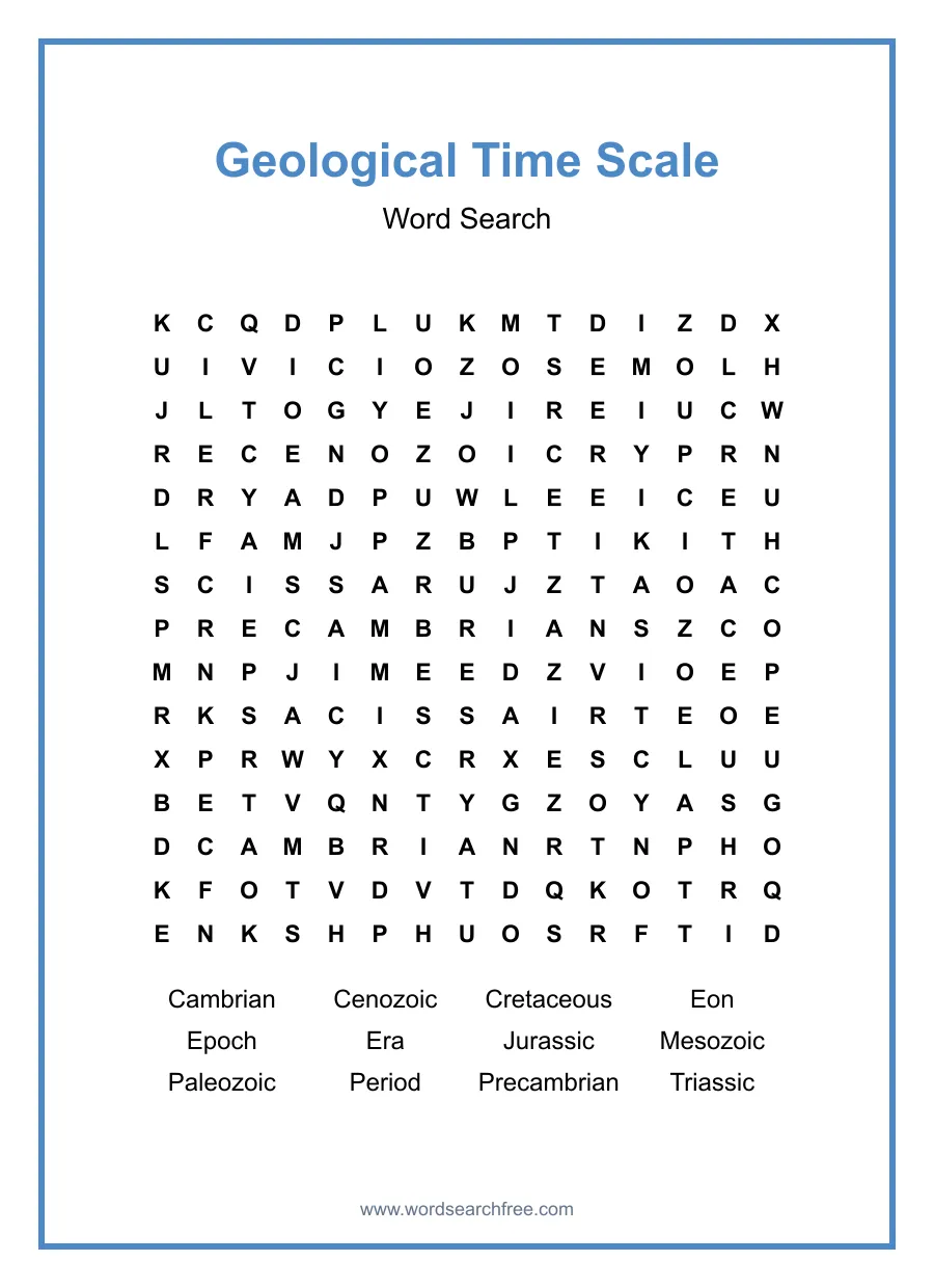 Geological Time Scale Word Search - Free printable puzzle with 12 words