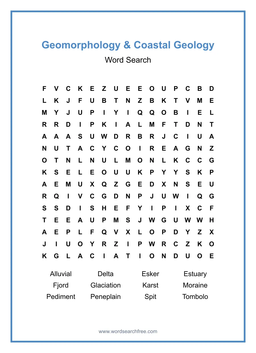 Geomorphology & Coastal Geology Word Search - Free printable puzzle with 12 words