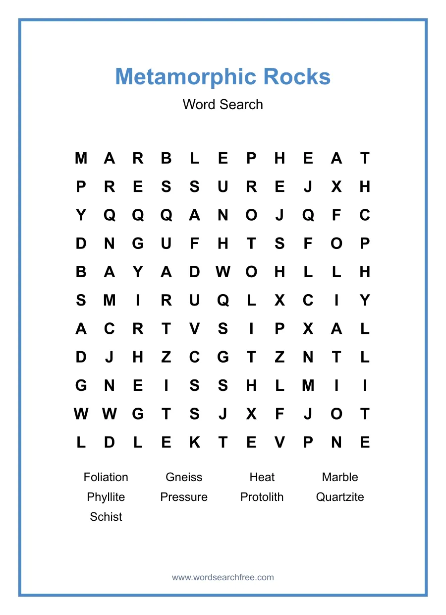 Metamorphic Rocks Word Search - Free printable puzzle with 9 words