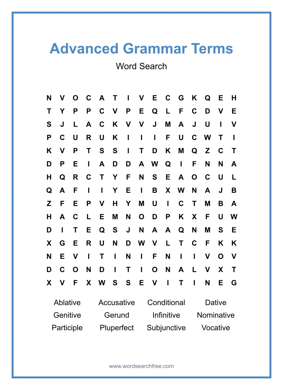 Advanced Grammar Terms Word Search - Free printable puzzle with 12 words