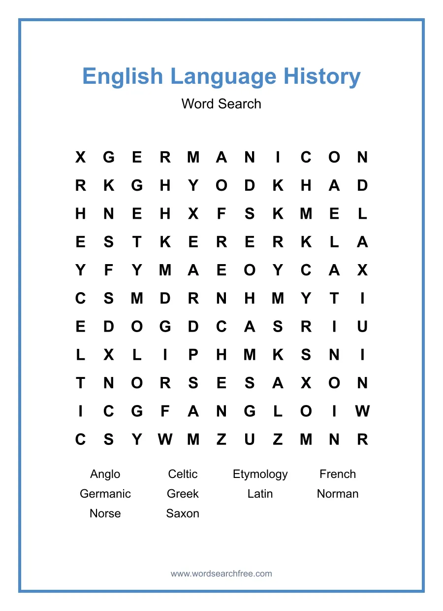 English Language History Word Search - Free printable puzzle with 10 words