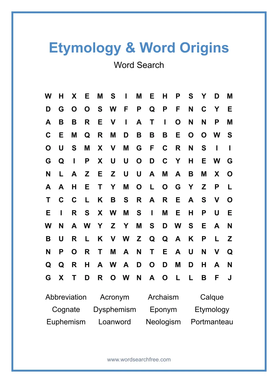 Etymology & Word Origins Word Search - Free printable puzzle with 12 words