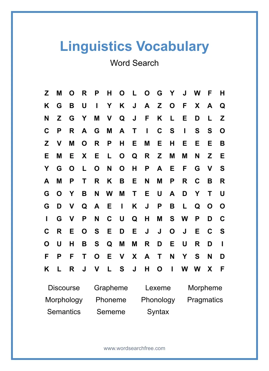 Linguistics Vocabulary Word Search - Free printable puzzle with 11 words