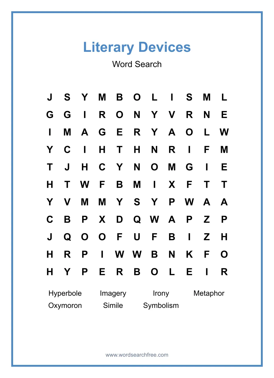Literary Devices Word Search - Free printable puzzle with 7 words