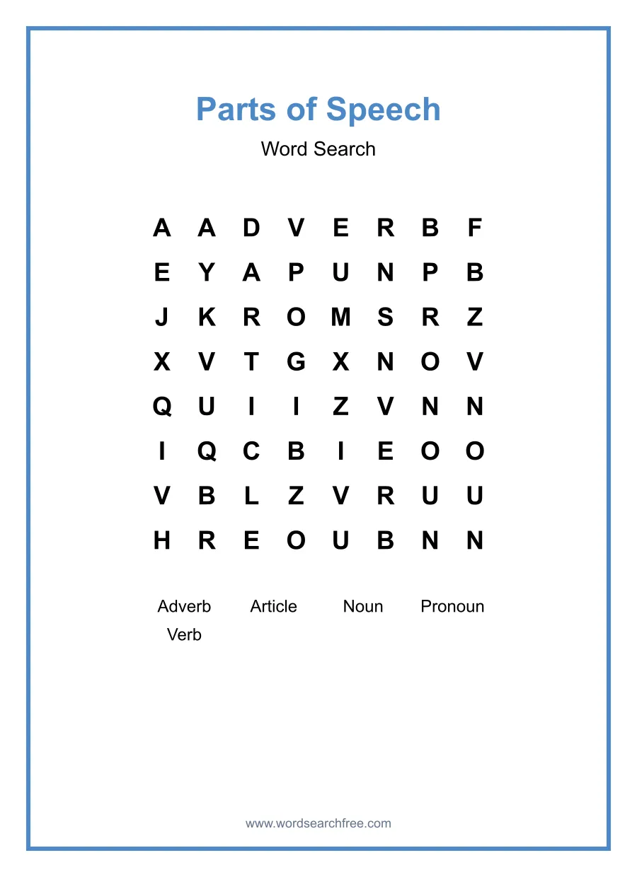 Parts of Speech Word Search - Free printable puzzle with 5 words