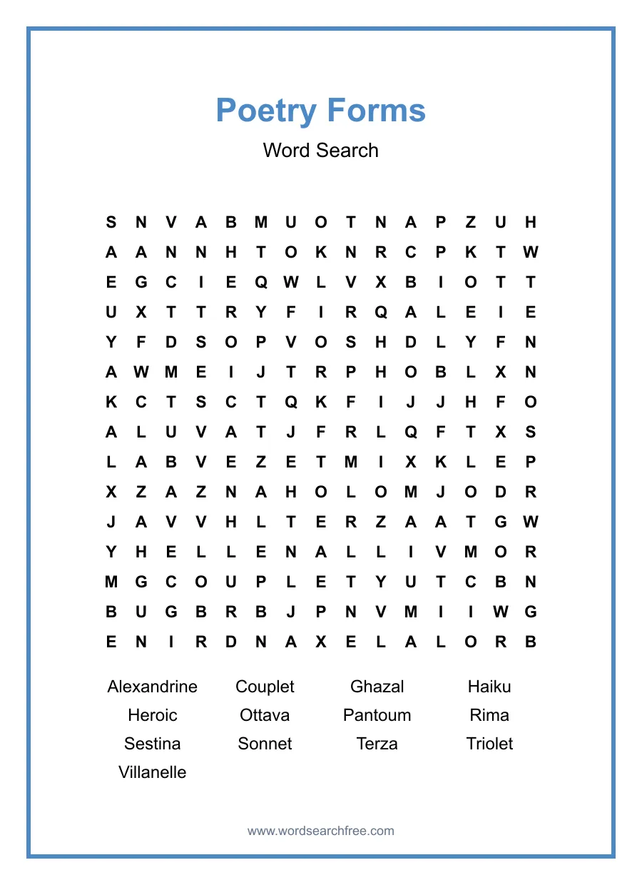 Poetry Forms Word Search - Free printable puzzle with 13 words