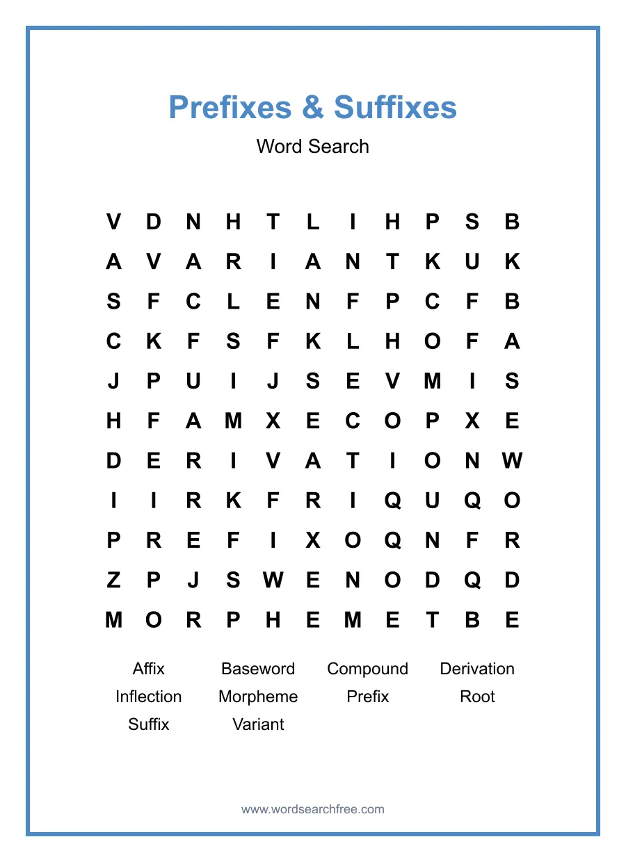 Prefixes & Suffixes Word Search - Free printable puzzle with 10 words