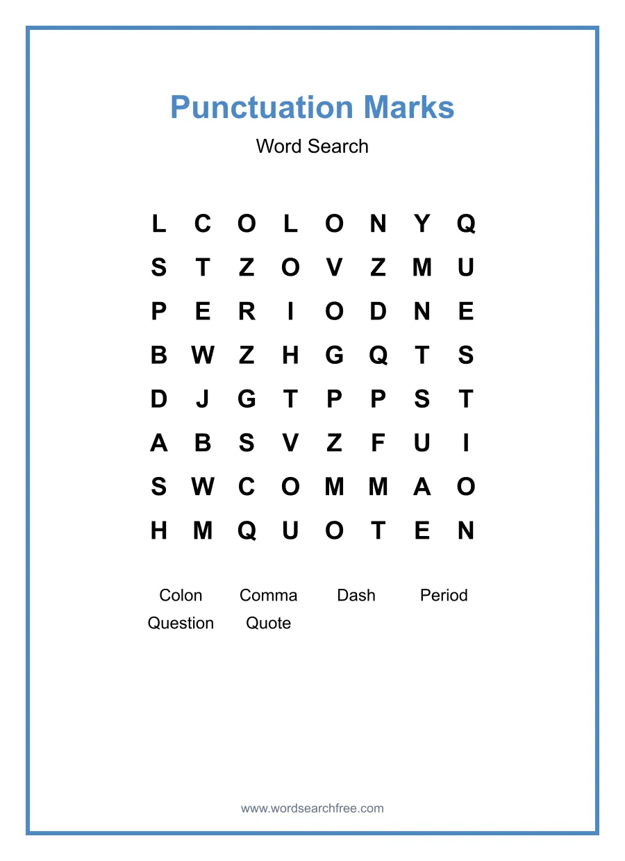 Punctuation Marks Word Search - Free printable puzzle with 6 words