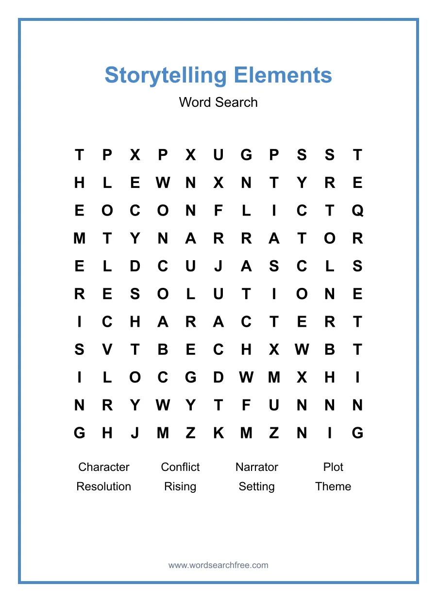 Storytelling Elements Word Search - Free printable puzzle with 8 words