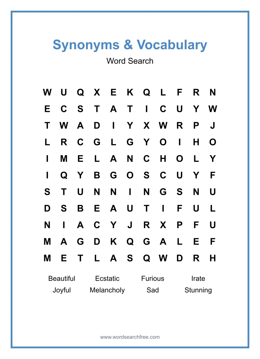Synonyms & Vocabulary Word Search - Free printable puzzle with 8 words