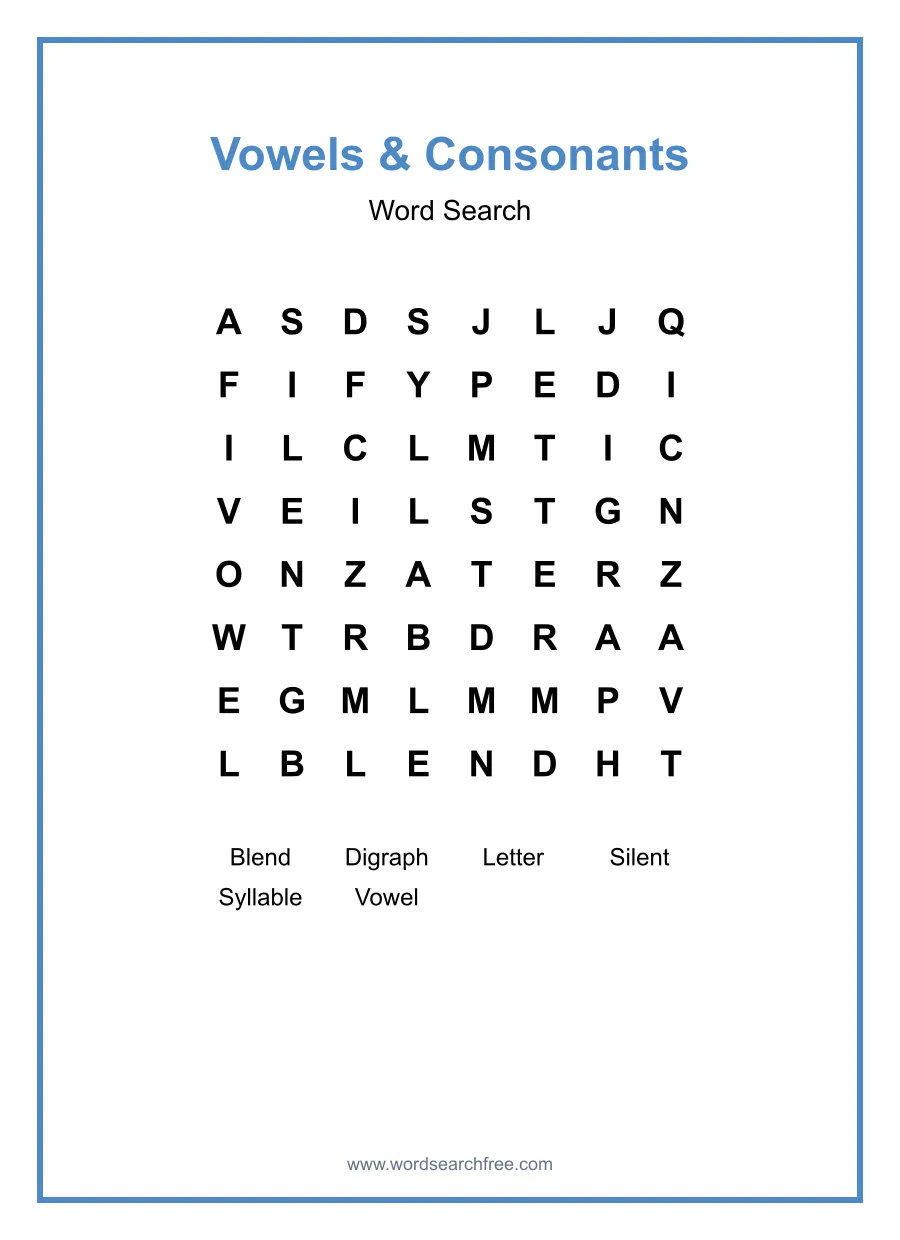 Vowels & Consonants Word Search - Free printable puzzle with 6 words