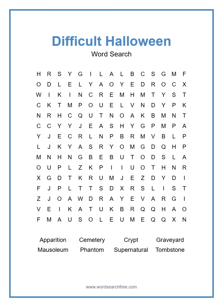 Difficult Halloween Word Search - Free printable word search puzzle