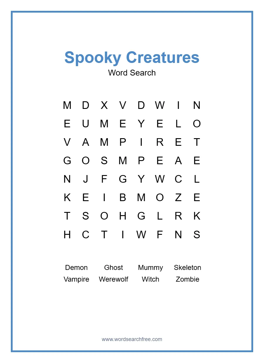 Spooky Creatures Word Search - Free printable puzzle with 8 words