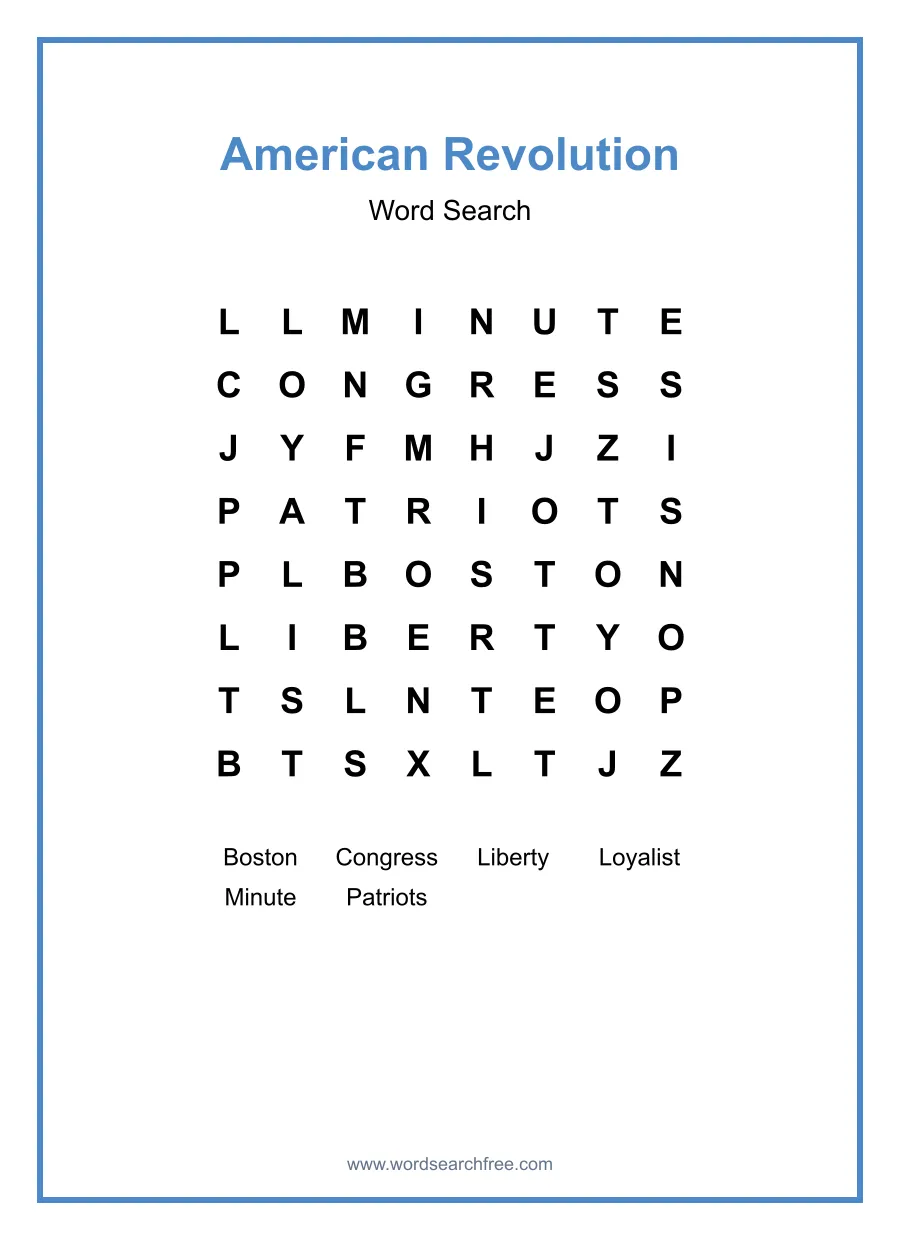 American Revolution Word Search - Free printable puzzle with 6 words