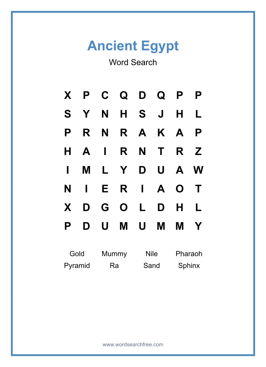 Ancient Egypt Word Search - Free printable puzzle with 8 words