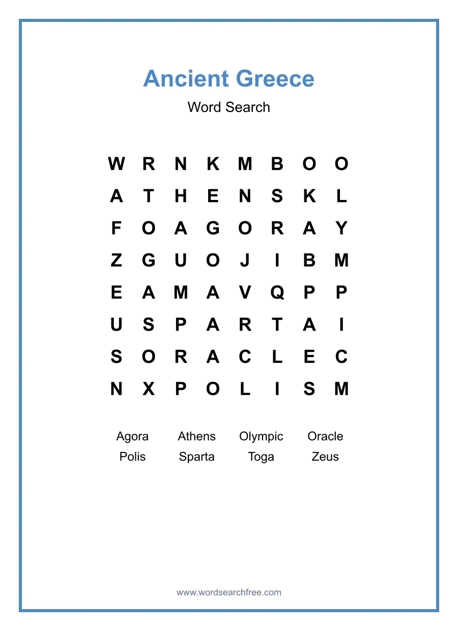 Ancient Greece Word Search - Free printable puzzle with 8 words