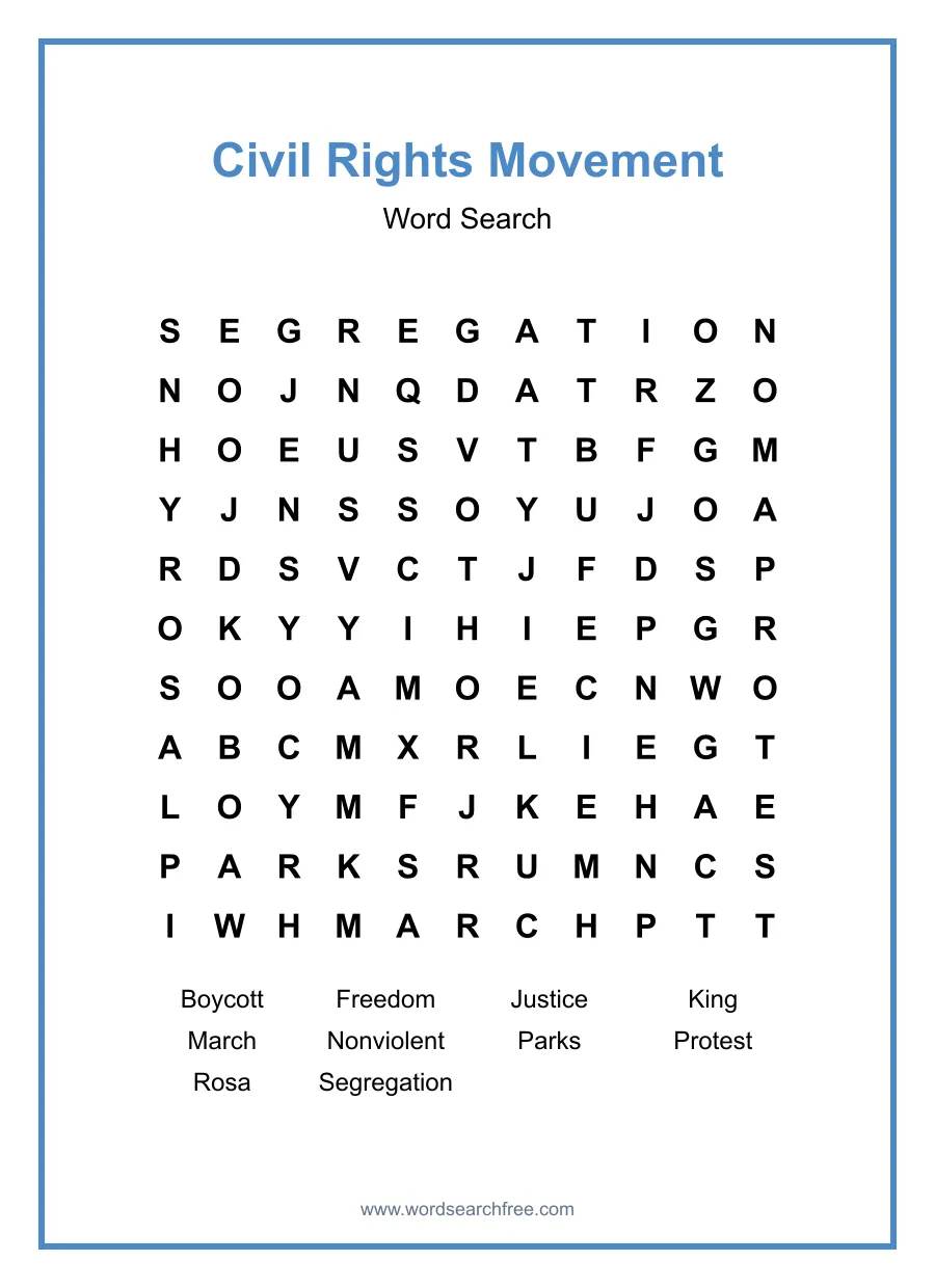 Civil Rights Movement Word Search - Free printable puzzle with 10 words