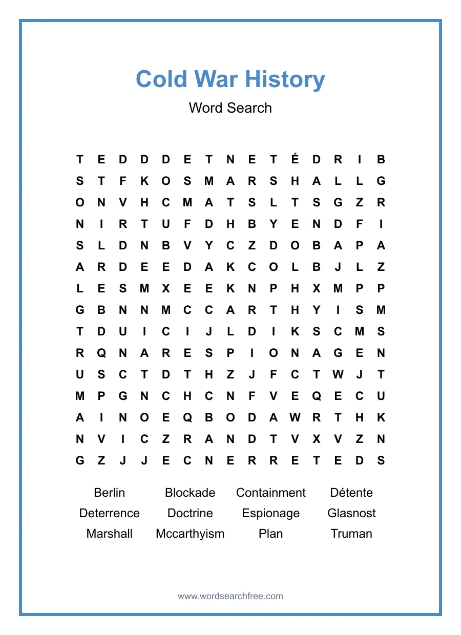 Cold War History Word Search - Free printable puzzle with 12 words