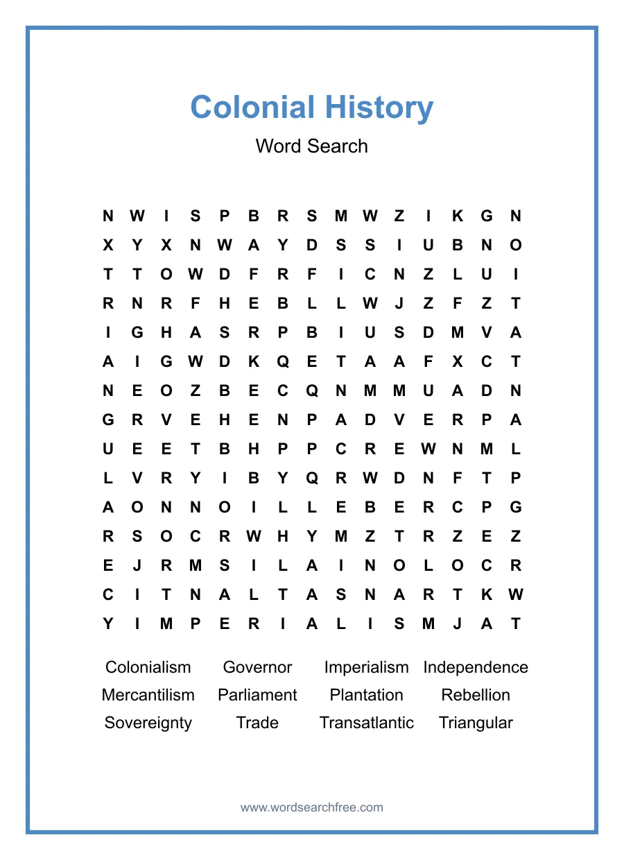 Colonial History Word Search - Free printable puzzle with 12 words