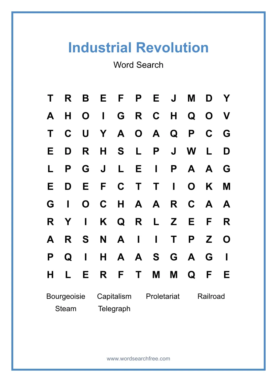 Industrial Revolution Word Search - Free printable puzzle with 6 words