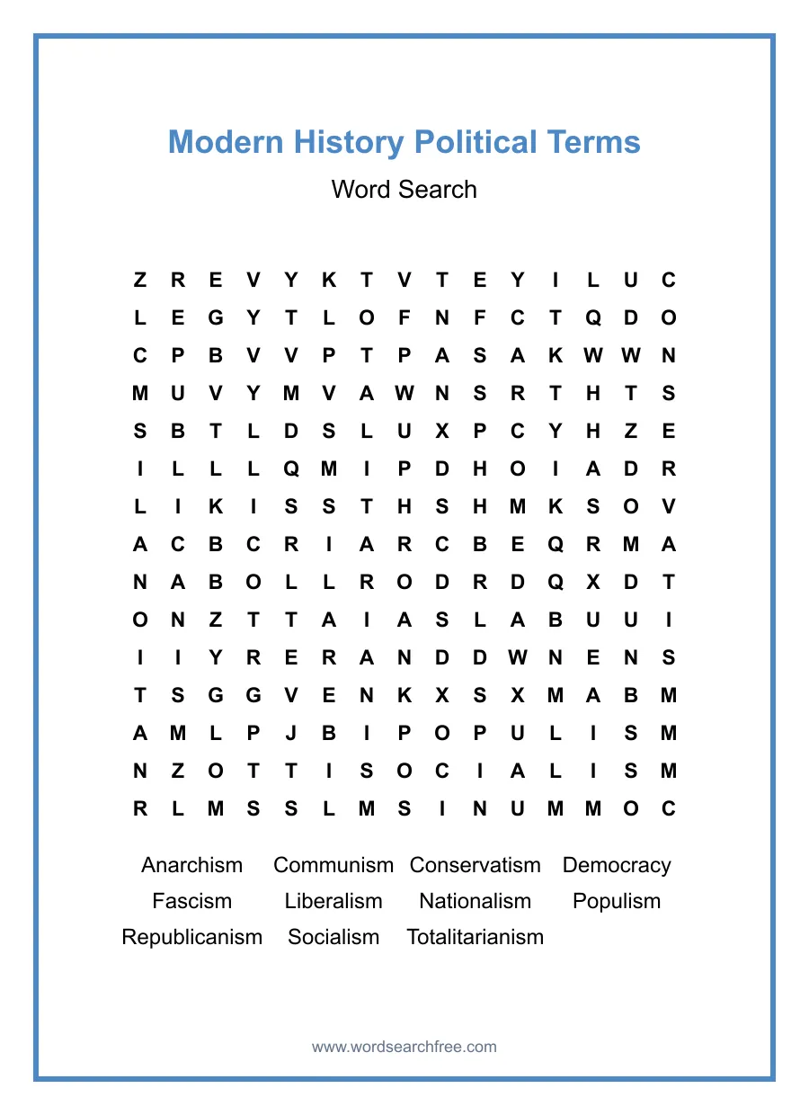 Modern History Political Terms Word Search - Free printable puzzle with 11 words