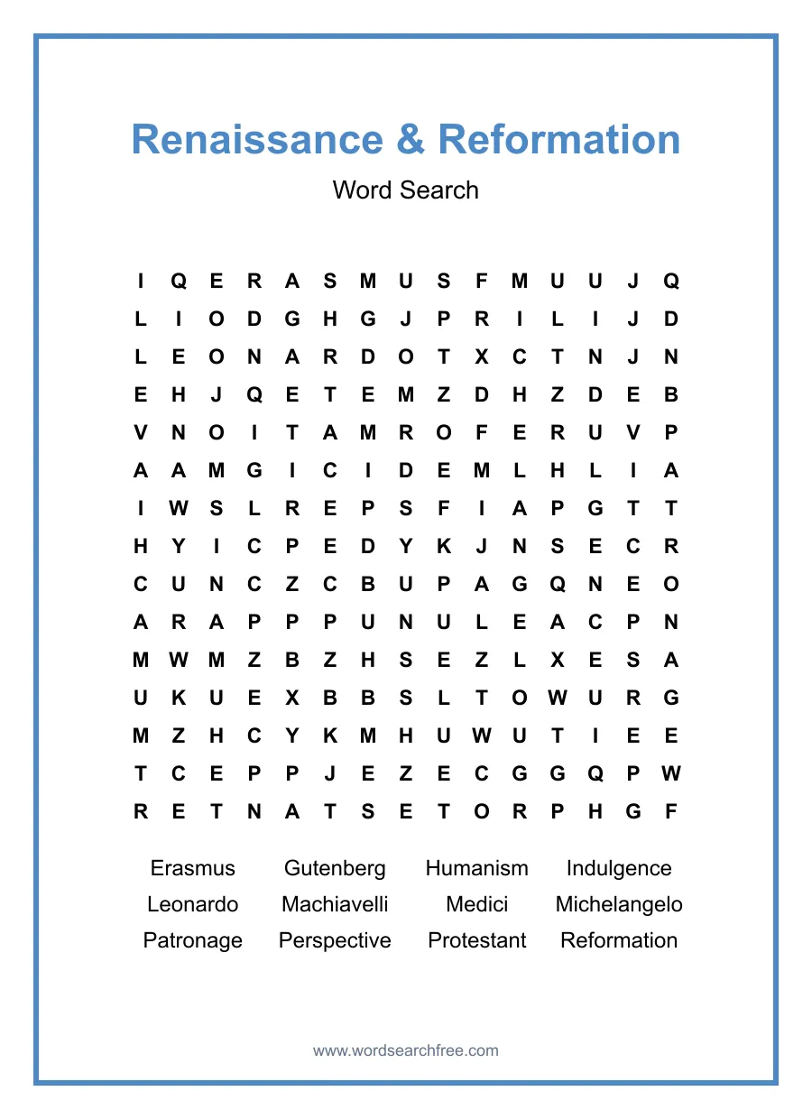 Renaissance & Reformation Word Search - Free printable puzzle with 12 words
