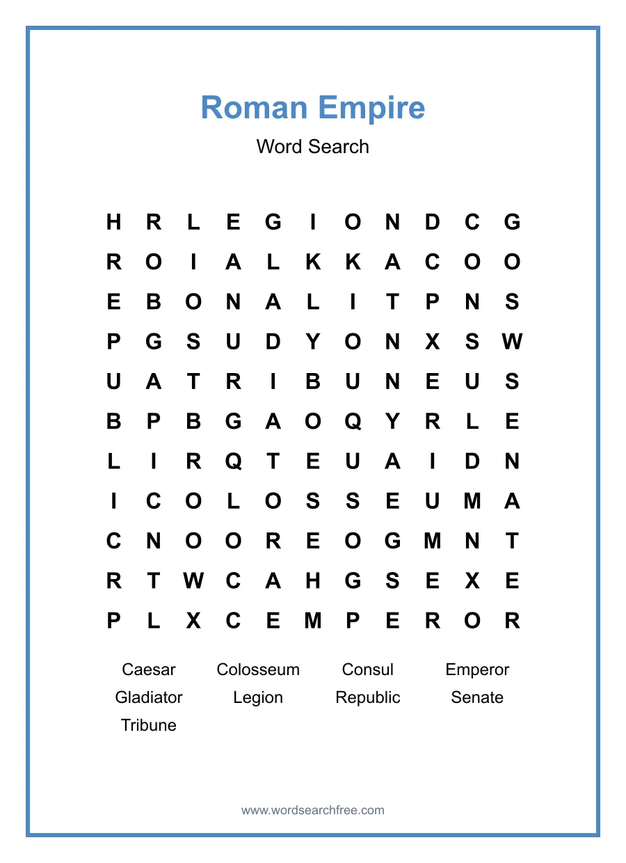 Roman Empire Word Search - Free printable puzzle with 9 words