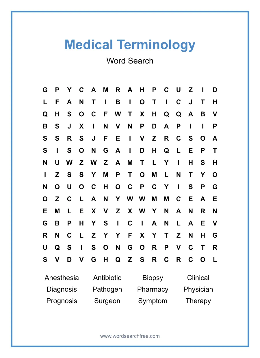 Medical Terminology Word Search - Free printable puzzle with 12 words