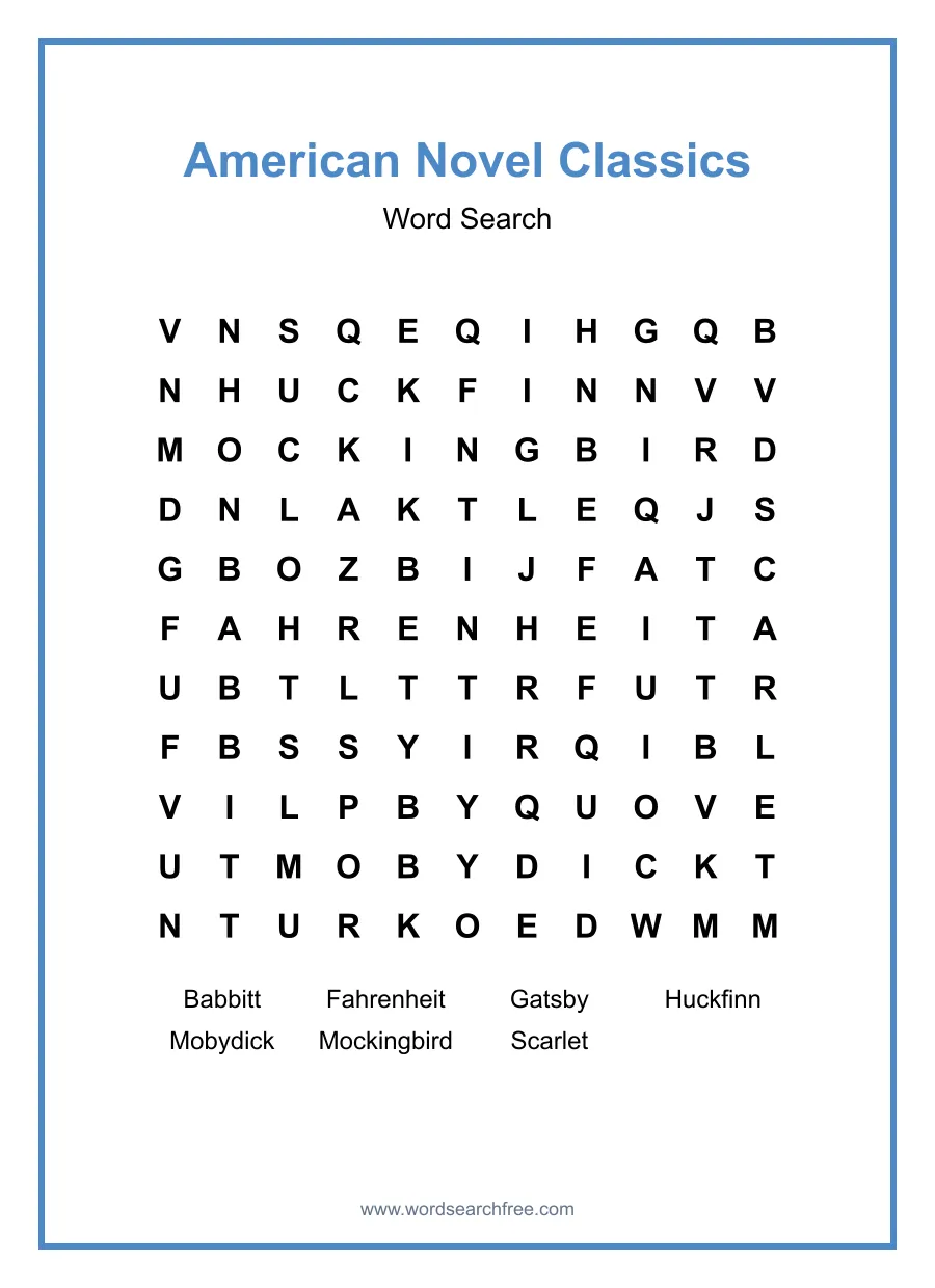 American Novel Classics Word Search - Free printable puzzle with 7 words
