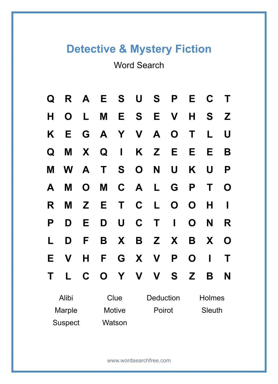 Detective & Mystery Fiction Word Search - Free printable puzzle with 10 words
