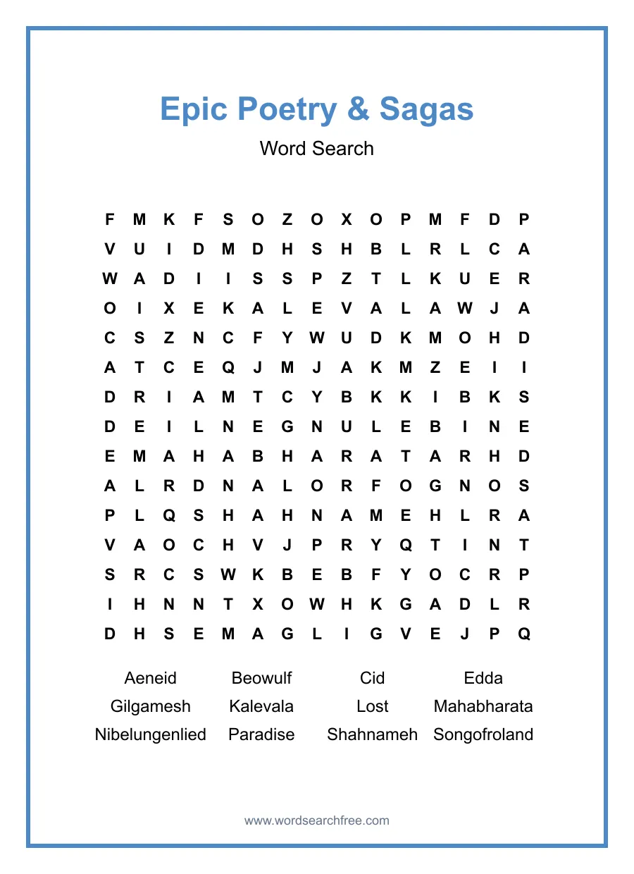 Epic Poetry & Sagas Word Search - Free printable puzzle with 12 words