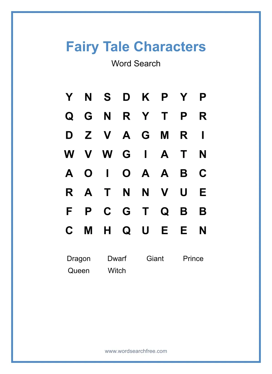 Fairy Tale Characters Word Search - Free printable puzzle with 6 words
