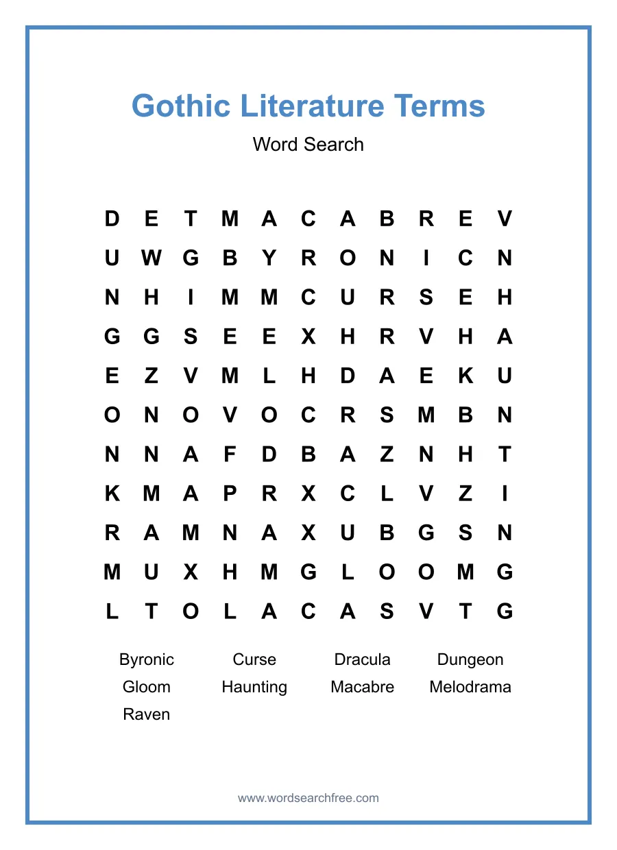 Gothic Literature Terms Word Search - Free printable puzzle with 9 words