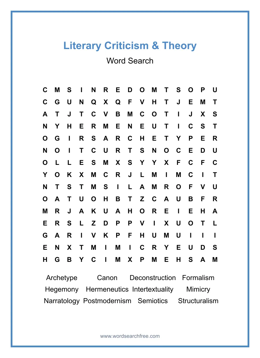 Literary Criticism & Theory Word Search - Free printable puzzle with 12 words