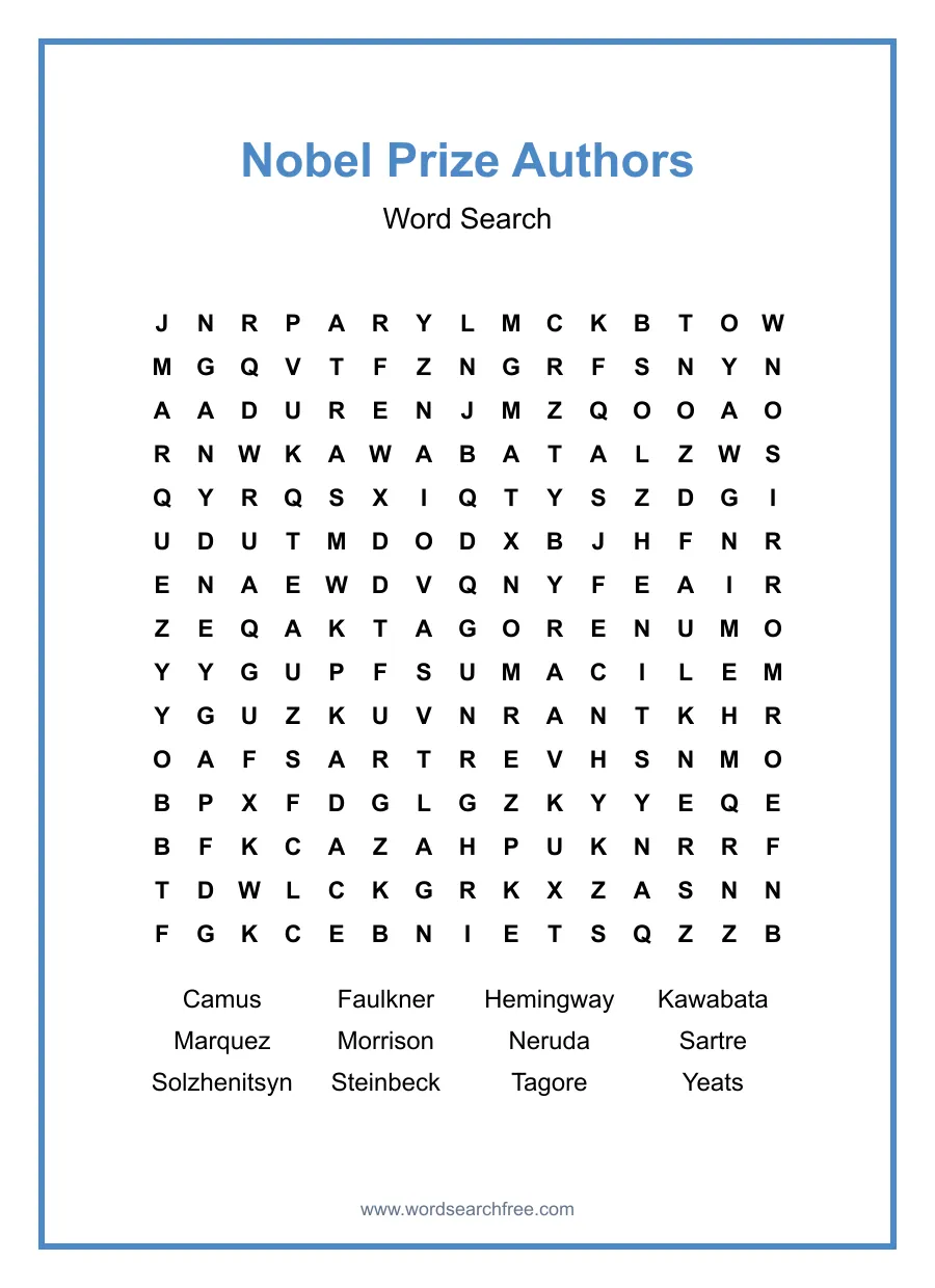 Nobel Prize Authors Word Search - Free printable puzzle with 12 words