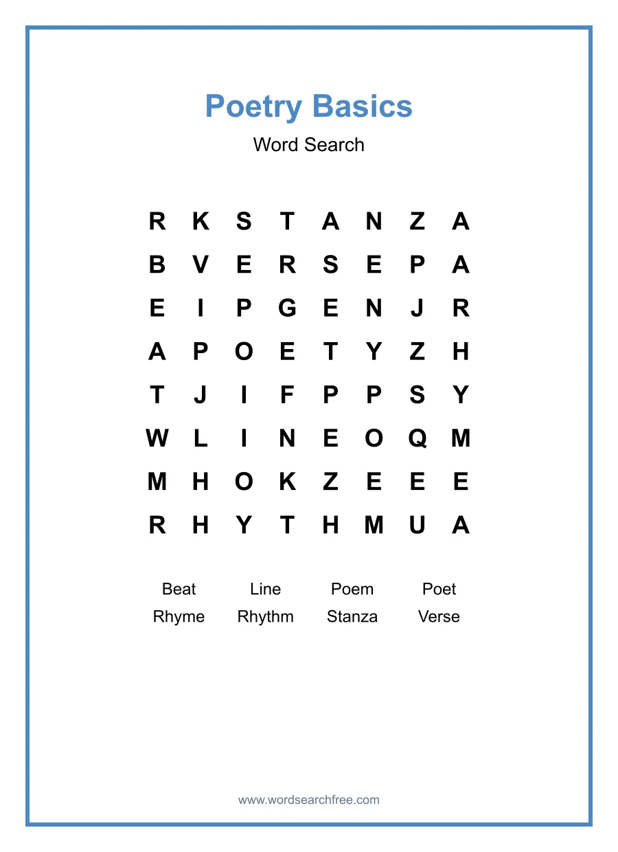 Poetry Basics Word Search - Free printable puzzle with 8 words