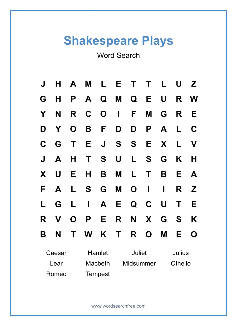 Shakespeare Plays Word Search - Free printable puzzle with 10 words