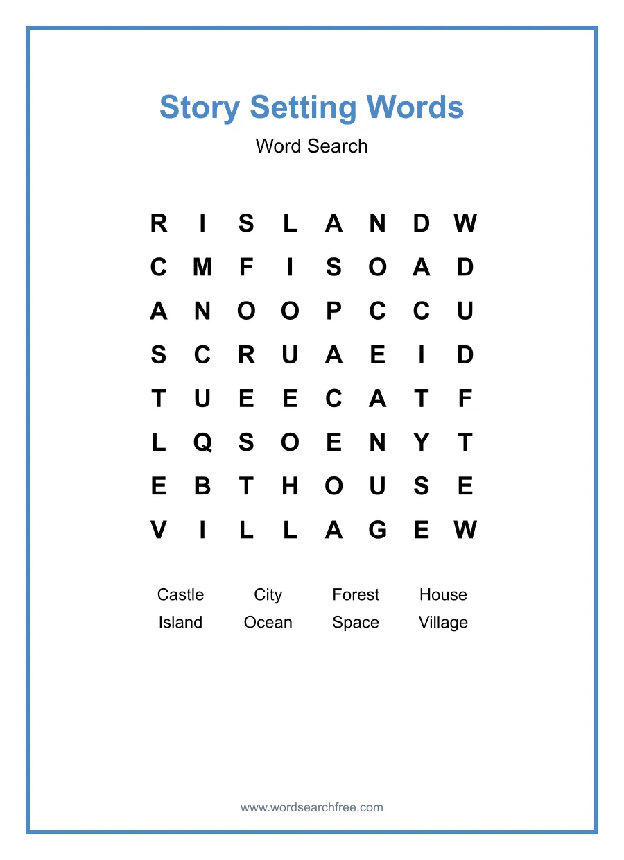 Story Setting Words Word Search - Free printable puzzle with 8 words