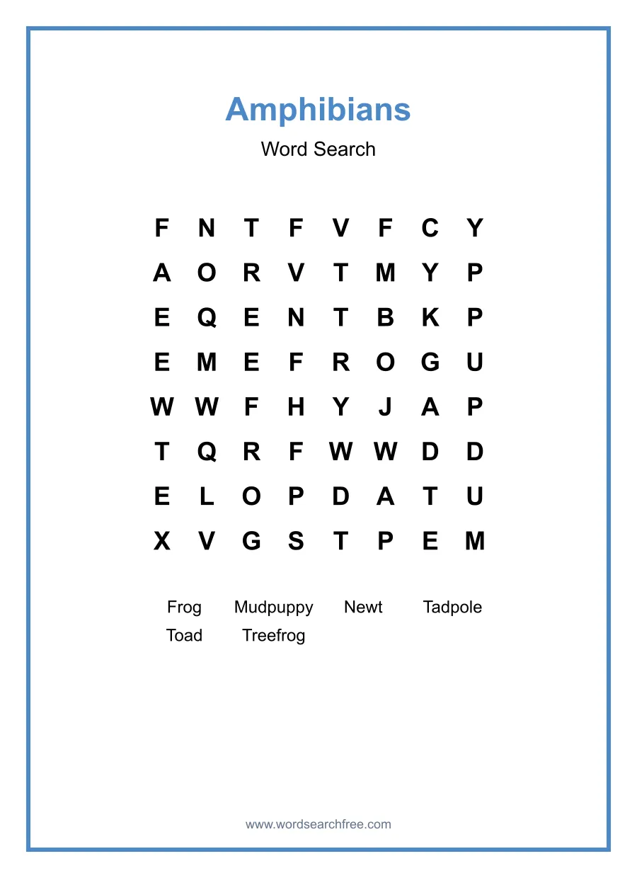 Amphibians Word Search - Free printable puzzle with 6 words