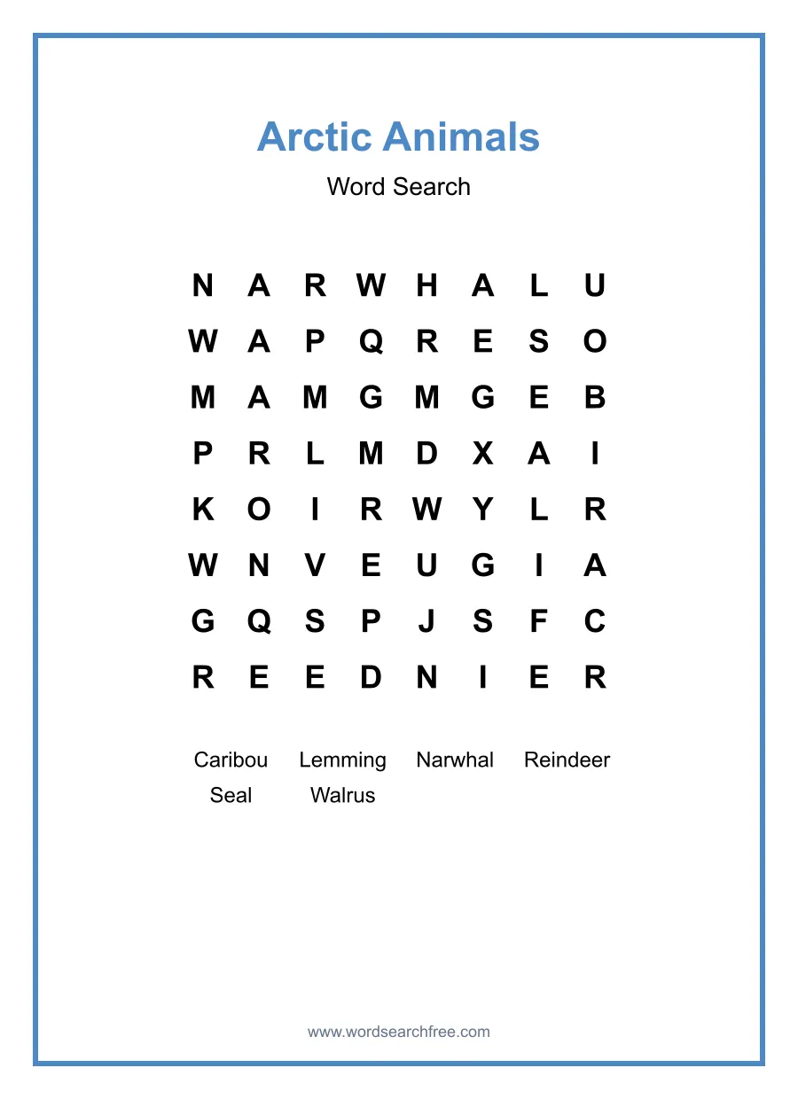 Arctic Animals Word Search - Free printable puzzle with 6 words