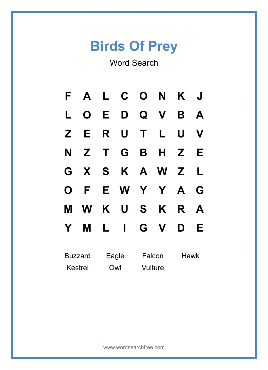 Birds Of Prey Word Search - Free printable puzzle with 7 words