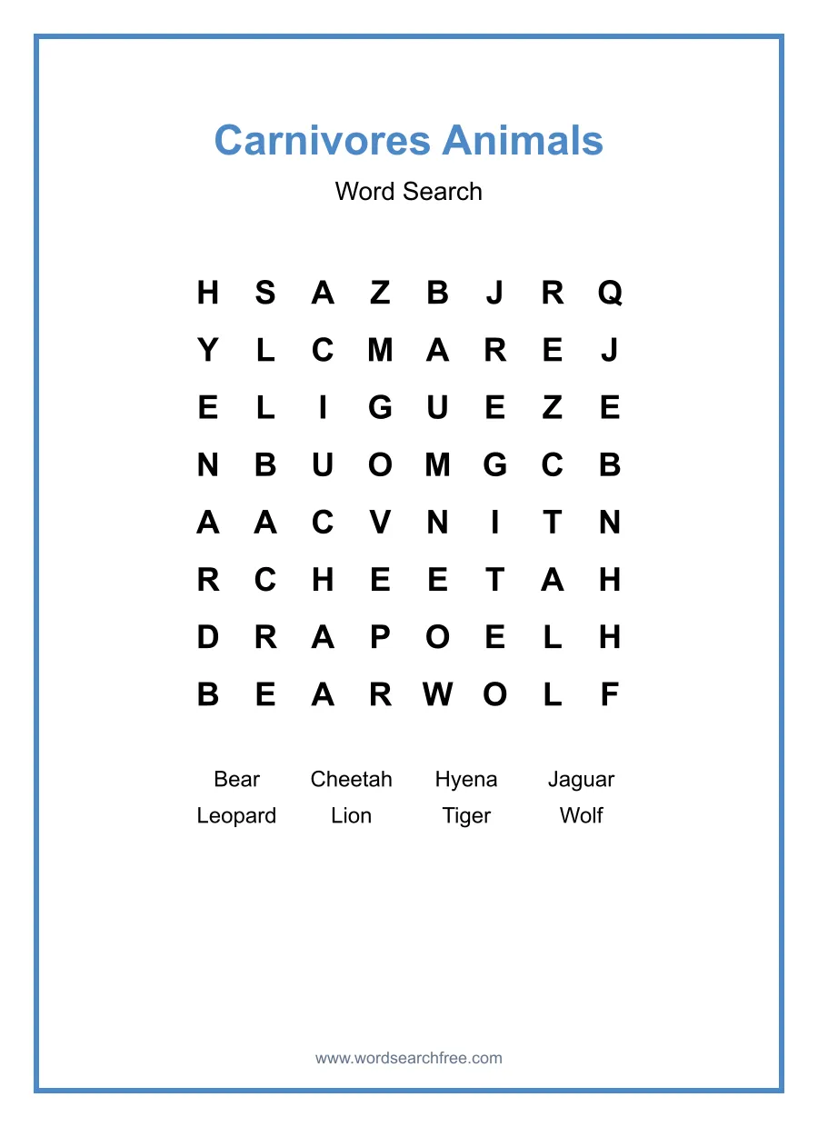 Carnivores Animals Word Search - Free printable puzzle with 8 words