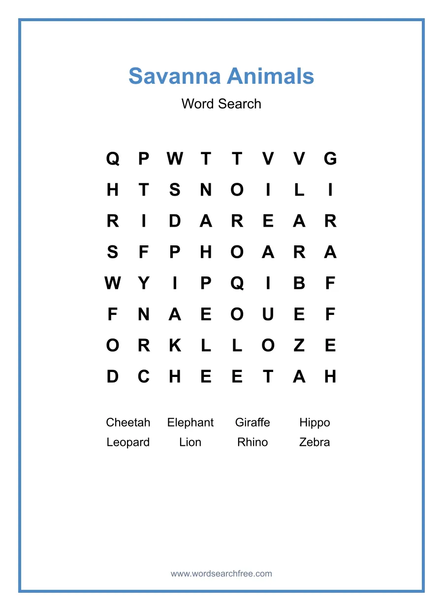 Savanna Animals Word Search - Free printable puzzle with 8 words