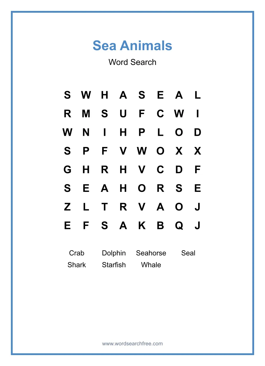 Sea Animals Word Search - Free printable puzzle with 7 words